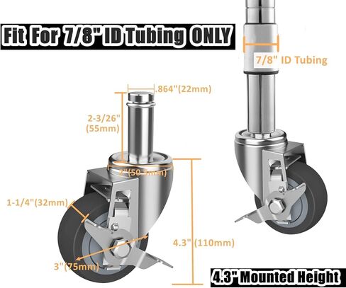 4-Inch Caster for Wire Shelving Racks, Heavy Duty Scaffolding Wheel with Brake, Set of 4 Metro Shelving Replacement Wheels(.864" x 2-3/16") in Kuwait