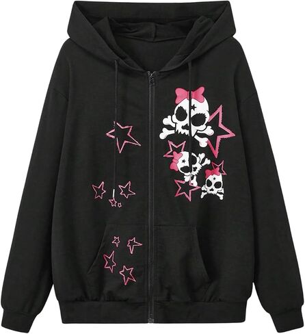 WDIRARA Women's Goth Print Hooded Neck Zipper Sweatshirts Long Sleeve Drop Shoulder Hoodies in Saudi Arabia