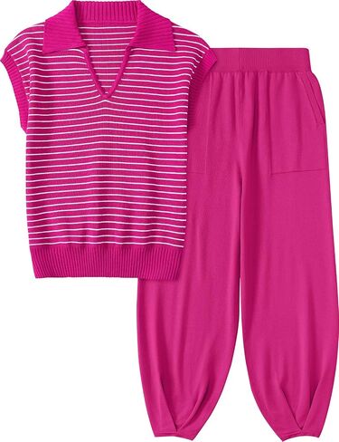 UEU Women's 2 Piece Outfits 2025 Summer Striped Knit Sweater Vest Top & Pants Casual Travel Matching Trendy Lounge Sets in Saudi Arabia