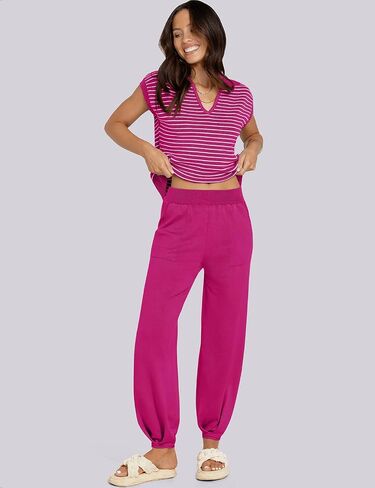 UEU Women's 2 Piece Outfits 2025 Summer Striped Knit Sweater Vest Top & Pants Casual Travel Matching Trendy Lounge Sets in Saudi Arabia