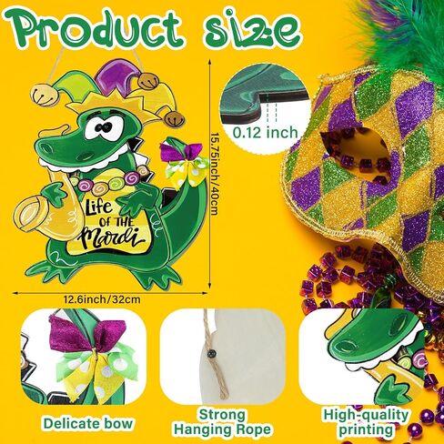 Hungdao Mardi Gras Alligator Front Door Sign Mardi Gras Door Hanger Carnival New Orleans Mardi Gras Wooden Hanging Welcome Sign Wood Door Hanger for Home Indoor Outdoor Farmhouse Wall Window Decor in Kuwait