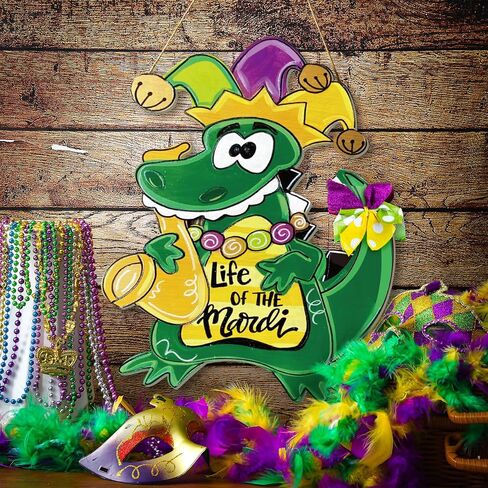 Hungdao Mardi Gras Alligator Front Door Sign Mardi Gras Door Hanger Carnival New Orleans Mardi Gras Wooden Hanging Welcome Sign Wood Door Hanger for Home Indoor Outdoor Farmhouse Wall Window Decor in Kuwait