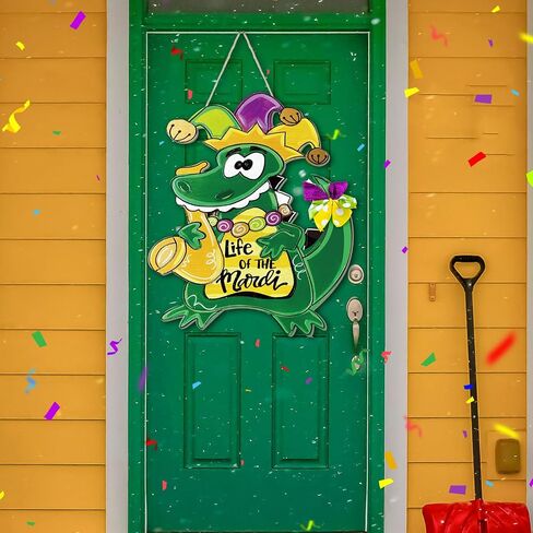 Hungdao Mardi Gras Alligator Front Door Sign Mardi Gras Door Hanger Carnival New Orleans Mardi Gras Wooden Hanging Welcome Sign Wood Door Hanger for Home Indoor Outdoor Farmhouse Wall Window Decor in Kuwait