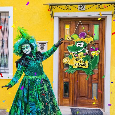 Hungdao Mardi Gras Alligator Front Door Sign Mardi Gras Door Hanger Carnival New Orleans Mardi Gras Wooden Hanging Welcome Sign Wood Door Hanger for Home Indoor Outdoor Farmhouse Wall Window Decor in Kuwait