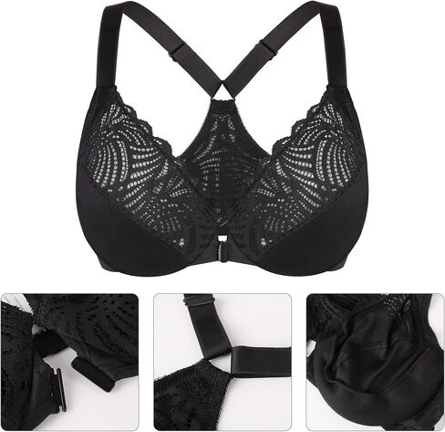 Lemorosy Women’s Full Figure Plus Size Unpadded Front Closure Lace Racerback Underwire Everyday Bra in Kuwait