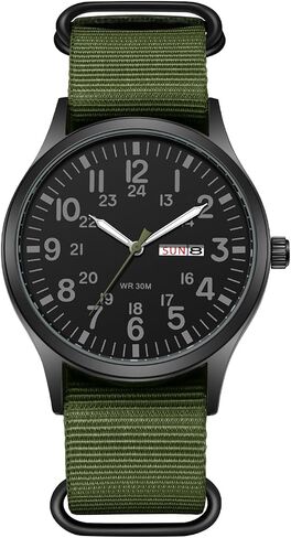 JewelryWe Men's Tactical Military Watch: Practical Date Day Luminous Arabic Numerals Green Nylon Strap Black Large Dial Outdoor Watch for Men Mountaineering Night Riding Jewelry Gift in Kuwait