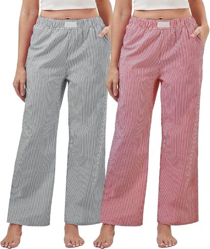 2 Pack Women Y2k Striped Pants Elastic High Waist Pajama Pants Straight Wide Leg Pants Lounge Trouser with Pockets in Saudi Arabia