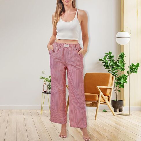 2 Pack Women Y2k Striped Pants Elastic High Waist Pajama Pants Straight Wide Leg Pants Lounge Trouser with Pockets in Saudi Arabia