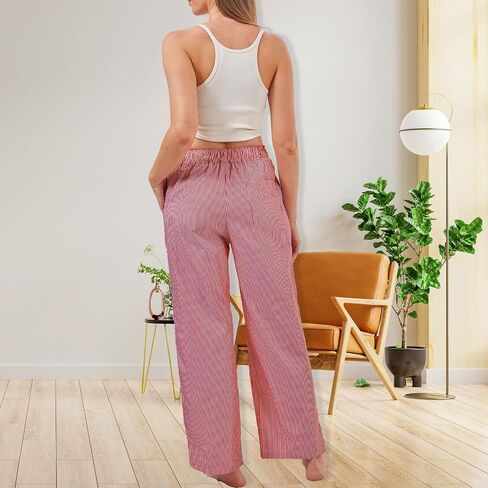2 Pack Women Y2k Striped Pants Elastic High Waist Pajama Pants Straight Wide Leg Pants Lounge Trouser with Pockets in Saudi Arabia