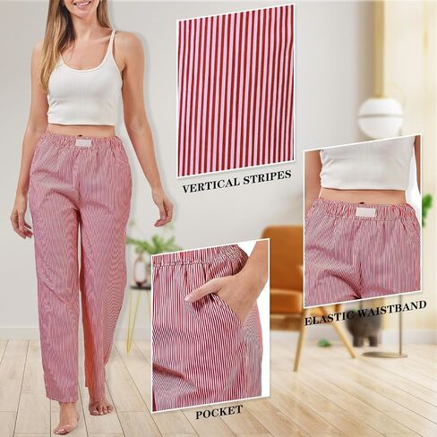 2 Pack Women Y2k Striped Pants Elastic High Waist Pajama Pants Straight Wide Leg Pants Lounge Trouser with Pockets in Saudi Arabia