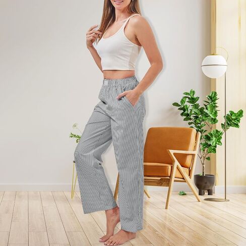 2 Pack Women Y2k Striped Pants Elastic High Waist Pajama Pants Straight Wide Leg Pants Lounge Trouser with Pockets in Saudi Arabia