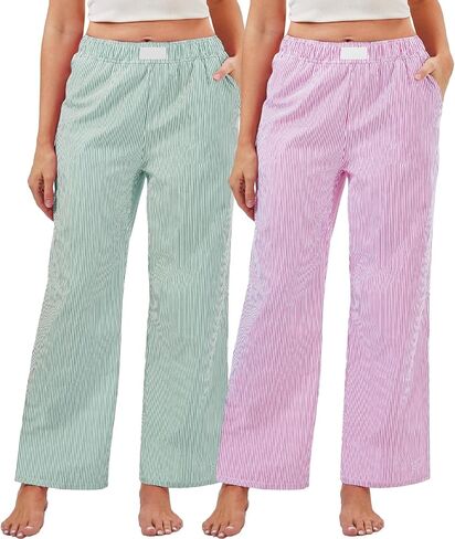 2 Pack Women Y2k Striped Pants Elastic High Waist Pajama Pants Straight Wide Leg Pants Lounge Trouser with Pockets in Saudi Arabia