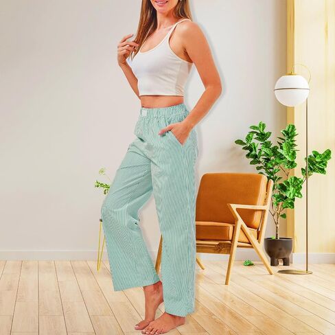 2 Pack Women Y2k Striped Pants Elastic High Waist Pajama Pants Straight Wide Leg Pants Lounge Trouser with Pockets in Saudi Arabia