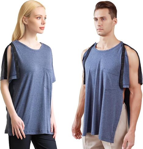 Post Shoulder Surgery Shirts Short Sleeve Chemo Shirts for Port Access Unisex Crewneck Tear Way Rehab Recovery T-Shirt with Right & Left Side Snaps Arm Open Dialysis Clothing in Saudi Arabia