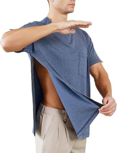 Post Shoulder Surgery Shirts Short Sleeve Chemo Shirts for Port Access Unisex Crewneck Tear Way Rehab Recovery T-Shirt with Right & Left Side Snaps Arm Open Dialysis Clothing in Saudi Arabia