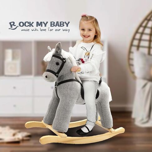 Rock My Baby Rocking Horse, Dark Brown Horse Rocker for Toddlers 18M+, Plush Ride on Horse Toy with Realistic Sound,Soft Stuffed Filling, CPC Certified in Saudi Arabia