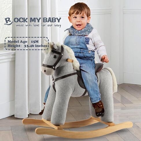 Rock My Baby Rocking Horse, Dark Brown Horse Rocker for Toddlers 18M+, Plush Ride on Horse Toy with Realistic Sound,Soft Stuffed Filling, CPC Certified in Saudi Arabia