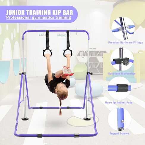 Gymnastics Bar for Kids with Rings, Adjustable Height Gymnastic Horizontal Bars, Folding Junior Training Kip Bar Equipment, Easy to Assemble and Dis-Assemble in Saudi Arabia