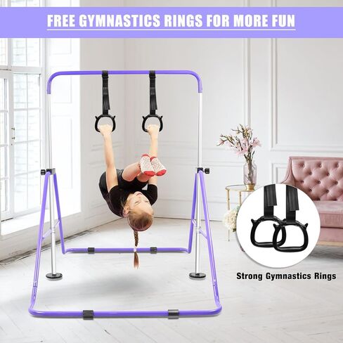Gymnastics Bar for Kids with Rings, Adjustable Height Gymnastic Horizontal Bars, Folding Junior Training Kip Bar Equipment, Easy to Assemble and Dis-Assemble in Saudi Arabia