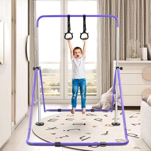 Gymnastics Bar for Kids with Rings, Adjustable Height Gymnastic Horizontal Bars, Folding Junior Training Kip Bar Equipment, Easy to Assemble and Dis-Assemble in Saudi Arabia
