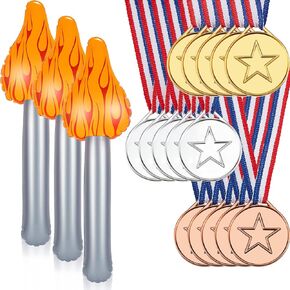 18 Pieces Olympics Party Decorations 15 Pieces Gold Silver Bronze Plastic Medals for Awards 3 Pieces 15 Inch Olympic Torch Prop for Medieval Luau Themed Party Sports Competitions