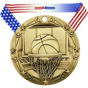 Decade Awards Basketball World Class Medal - 3 Inch Wide Hoops Medallion with Stars and Stripes American Flag V Neck Ribbon