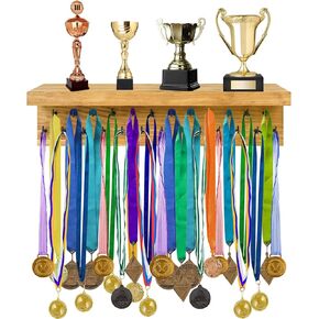 Medal Holder Display Trophy Shelf Organizer,Sturdy Wooden Medal Trophy Hanger Rack with 25 Steel Hooks, Wall Mount Medal Hanger for Race Medals Trophies Easy to Install……