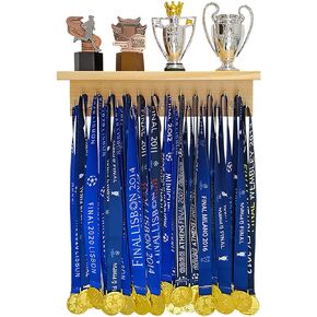 Medal Hanger Trophy Shelf Display Sport Awards. Sturdy Medal Holders for Gymnastics Basketball Soccer Honors Wall Mount Rack, Perfect All-in-1 Wood Shelf by 25 Pcs Steel Hooks.