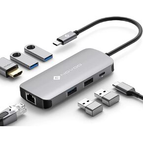 NOVOO USB C Hub Ethernet 4K@60 USB C HDMI Adapter Multiport Type C Adapter 4 USB 3.0 & USB2.0 Dongle 100W PD Dock Docking Station for MacBook Pro Air Apple iPad Pro Steam Deck Dell HP Lenovo 7-in-1