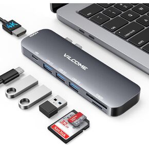 Vilcome USB C Hub for MacBook Pro/Air, 7-in-2 Multiport USB-C Adapter with Thunderbolt 3 USB C Port, 4K@60Hz HDMI, 3 USB 3.0 Ports, TF/SD Card Reader - Black
