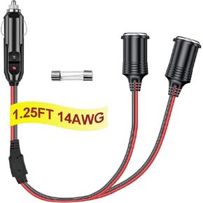 12V Cigarette Lighter Socket Splitter, 12 Volt Splitter 2 Socket 1.25FT Car Plug Splitter, Cigarette Lighter Splitter Adapter Power Charger Port 14 AWG Cord 20A Fuse (1 Years Warranty)