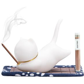 Cat Incense Holder Cute Decor Sticks Aromatherapy Ceramic with Ash Catcher - Handmade Burner, 30 Incense Sticks, Bamboo Mat - Soothing Sandalwood Incense - Versatile and Compact - Foolproof Gift