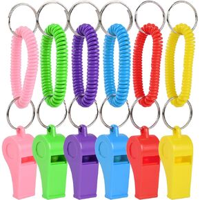 Mozeat Lens 6Pcs Sport Whistle with Bracelet Plastic Whistles with Stretchable Coil Loud Clear Whistles for Coaches Referees Birthday Party Gift Decorations
