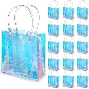 Sherr 16 Pcs Holographic Small Gift Bag Reusable Iridescent Clear Bags for Women PVC Plastic Goodie Bags with Handles for Shopping Christmas Holiday Gift Party Favor(Rainbow, 7.87" x 7.87" x 3.15") in Kuwait