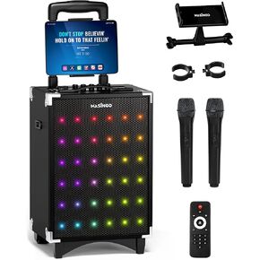 MASINGO Karaoke Machine for Adults and Kids, 40W Speaker with 8" Woofer, 2 Wireless Microphones, Bluetooth, USB, MicroSD, FM Radio, TV Connection, Tablet Holder, and Real-Time Karaoke Mode, Soprano X2