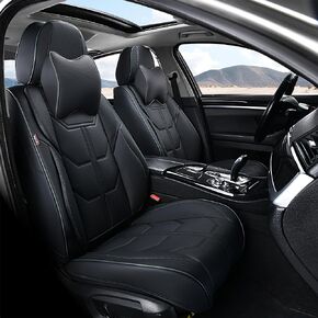 Black Car Seat Covers Full Set, Universal Front and Rear Seat Covers for Cars, Waterproof Leather Auto Seat Protectors with Head Pillow, Car Seat Cushions Fit for Most Sedans SUV Pick-up Truck