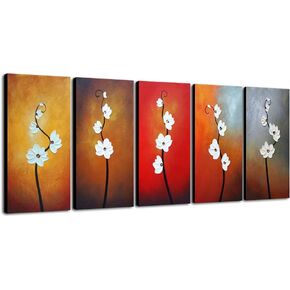 Wieco Art Colorful Flowers Oil Painting on Canvas Wall Art Ready to Hang for Living Room Bedroom Home Decoration Modern 5 Piece 100% Hand Painted Gallery Wrapped Contemporary Abstract Floral