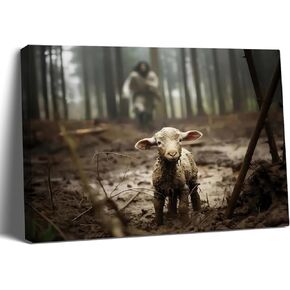 Balgardekor Jesus Running After Lost Lamb Christian Painting Canvas Wall Art Jesus and Lamb Religious Inspirational Home Decor for Living Room Bedroom Office Church (1, Grey 2, 16 x 24 Inches)