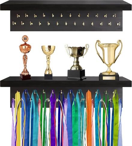 Medal Holder Display Trophy Shelf Organizer,Sturdy Wooden Medal Trophy Hanger Rack with 25 Steel Hooks, Wall Mount Medal Hanger for Race Medals Trophies Easy to Install…… in Saudi Arabia