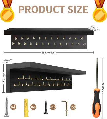 Medal Holder Display Trophy Shelf Organizer,Sturdy Wooden Medal Trophy Hanger Rack with 25 Steel Hooks, Wall Mount Medal Hanger for Race Medals Trophies Easy to Install…… in Saudi Arabia