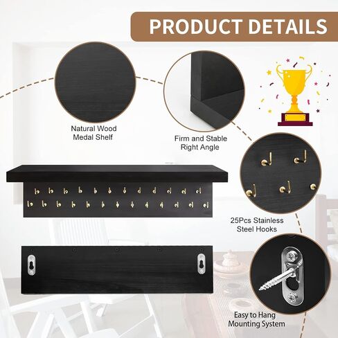 Medal Holder Display Trophy Shelf Organizer,Sturdy Wooden Medal Trophy Hanger Rack with 25 Steel Hooks, Wall Mount Medal Hanger for Race Medals Trophies Easy to Install…… in Saudi Arabia