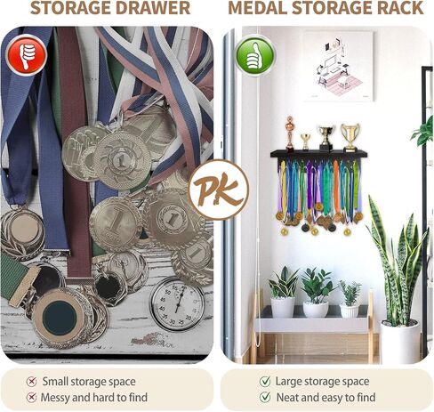 Medal Holder Display Trophy Shelf Organizer,Sturdy Wooden Medal Trophy Hanger Rack with 25 Steel Hooks, Wall Mount Medal Hanger for Race Medals Trophies Easy to Install…… in Saudi Arabia