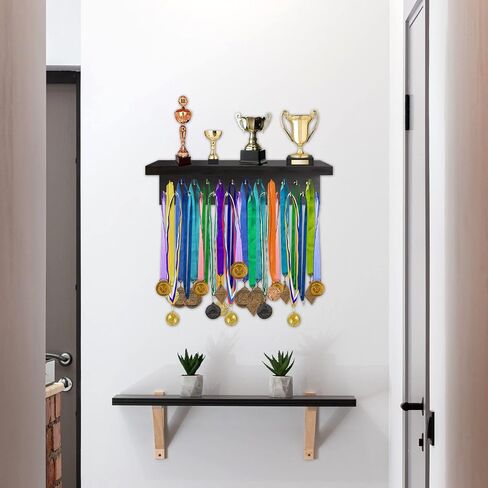 Medal Holder Display Trophy Shelf Organizer,Sturdy Wooden Medal Trophy Hanger Rack with 25 Steel Hooks, Wall Mount Medal Hanger for Race Medals Trophies Easy to Install…… in Saudi Arabia