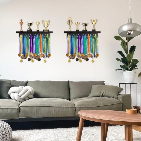 Medal Holder Display Trophy Shelf Organizer,Sturdy Wooden Medal Trophy Hanger Rack with 25 Steel Hooks, Wall Mount Medal Hanger for Race Medals Trophies Easy to Install…… in Saudi Arabia