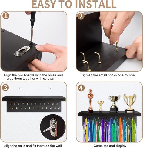 Medal Holder Display Trophy Shelf Organizer,Sturdy Wooden Medal Trophy Hanger Rack with 25 Steel Hooks, Wall Mount Medal Hanger for Race Medals Trophies Easy to Install…… in Saudi Arabia