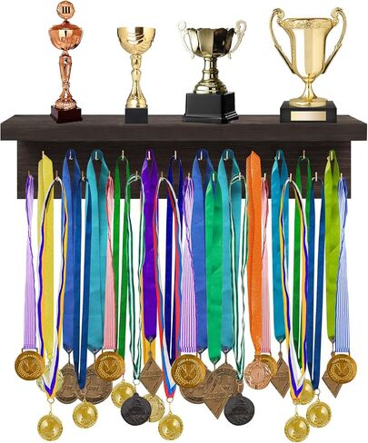 Medal Holder Display Trophy Shelf Organizer,Sturdy Wooden Medal Trophy Hanger Rack with 25 Steel Hooks, Wall Mount Medal Hanger for Race Medals Trophies Easy to Install…… in Saudi Arabia