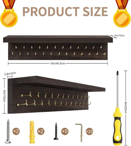 Medal Holder Display Trophy Shelf Organizer,Sturdy Wooden Medal Trophy Hanger Rack with 25 Steel Hooks, Wall Mount Medal Hanger for Race Medals Trophies Easy to Install…… in Saudi Arabia