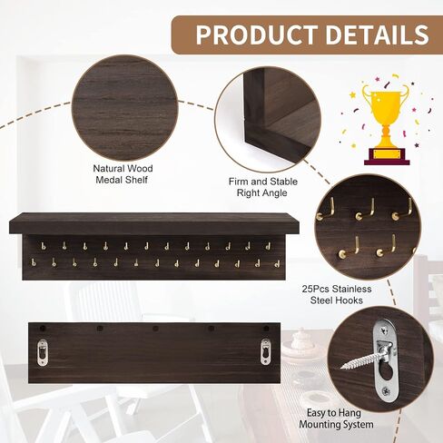 Medal Holder Display Trophy Shelf Organizer,Sturdy Wooden Medal Trophy Hanger Rack with 25 Steel Hooks, Wall Mount Medal Hanger for Race Medals Trophies Easy to Install…… in Saudi Arabia