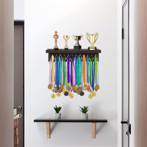 Medal Holder Display Trophy Shelf Organizer,Sturdy Wooden Medal Trophy Hanger Rack with 25 Steel Hooks, Wall Mount Medal Hanger for Race Medals Trophies Easy to Install…… in Saudi Arabia