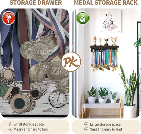 Medal Holder Display Trophy Shelf Organizer,Sturdy Wooden Medal Trophy Hanger Rack with 25 Steel Hooks, Wall Mount Medal Hanger for Race Medals Trophies Easy to Install…… in Saudi Arabia